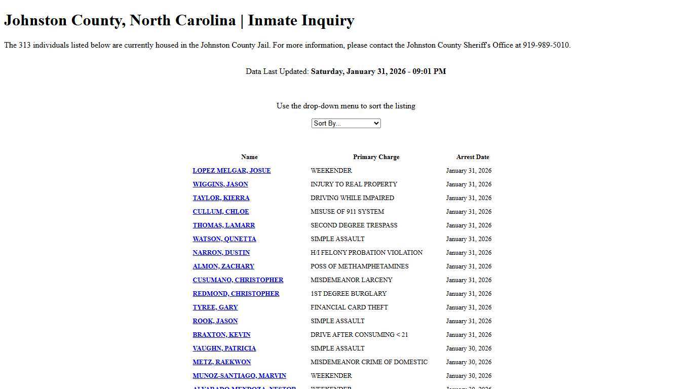 Johnston County, North Carolina Inmate Inquiry